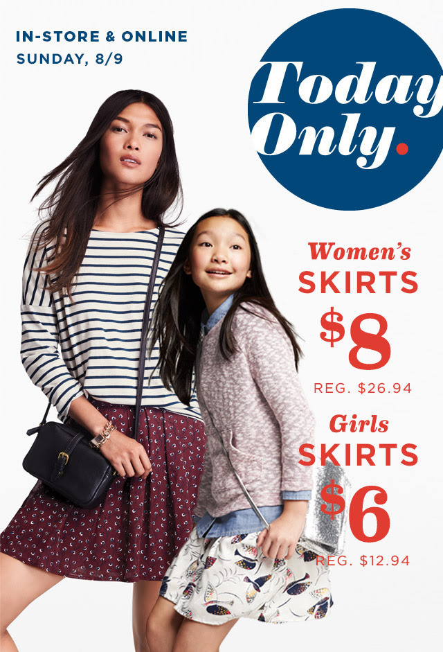 Old Navy Sale on Women’s & Girl’s Skirts ~ As low as $6 (Today ONLY)