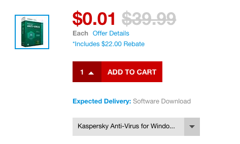 Staples: Kaspersky Anti-Virus for Windows 1 User [Download] ONLY $.01