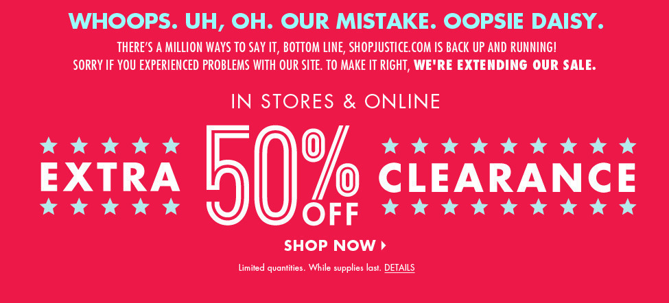 Justice: FREE Shipping & Extra 50% OFF Clearance