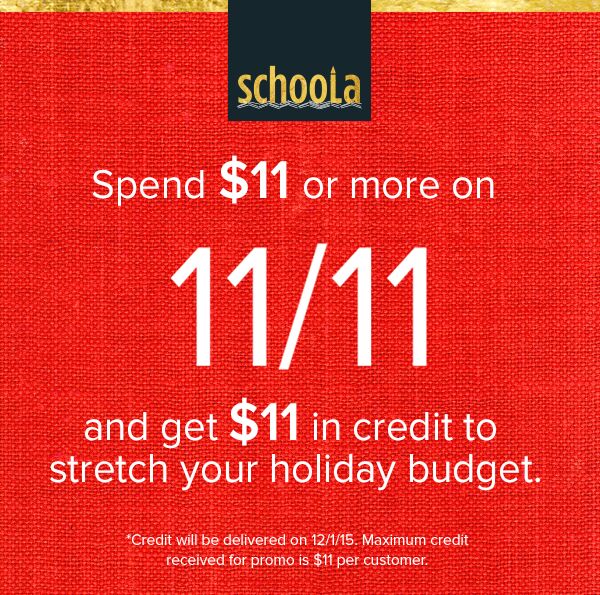 Schoola: $20 in FREE Credit + FREE Shipping + Spend $11 & Get $11 Credit!