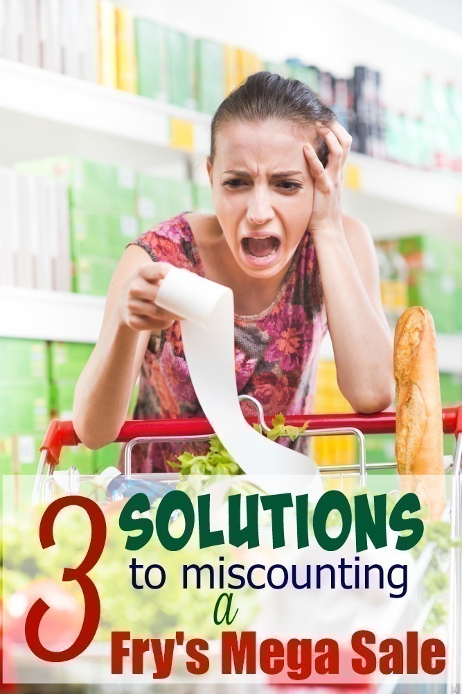 Young woman shouting and checking a long receipt at supermarket.