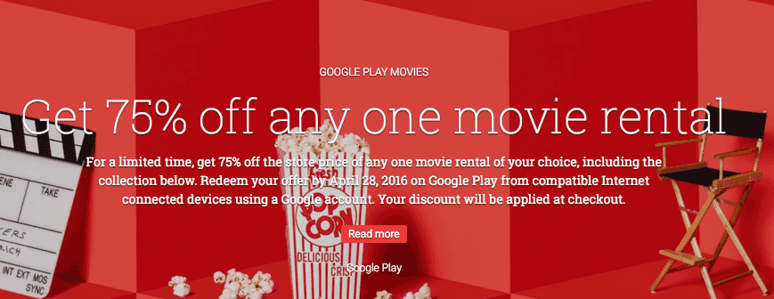 Google Play: Get 75% OFF ANY One Movie Rental