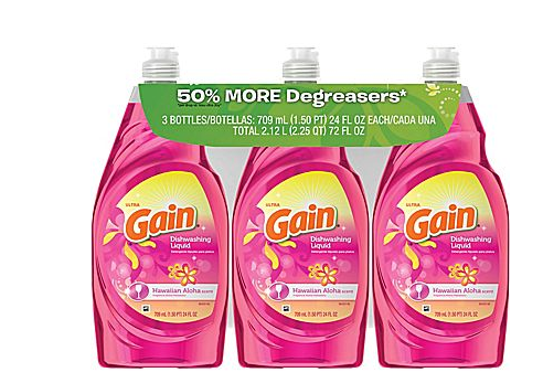 Staples: 3 pk Gain 24 oz Dishwashing Liquid $3.99